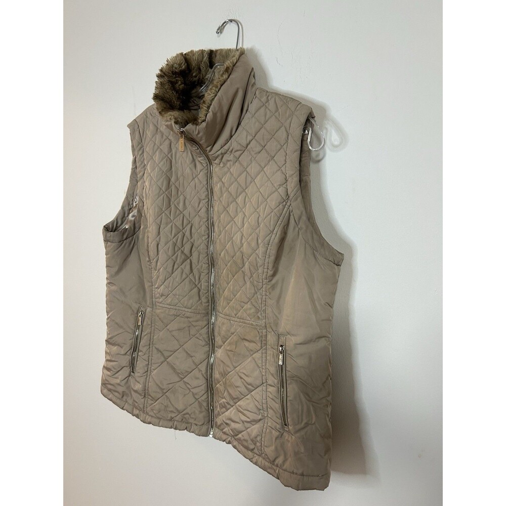 Calvin Klein Quilted Puffer Vest Faux Fur Collar Beige Women’s XL - Picture 5 of 9